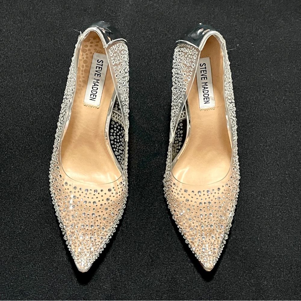 STEVE MADDEN Rhinestone Clear Plastic / Silver Stilettos High Heels 6.5 - Picture 2 of 16